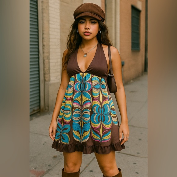 Vintage Kopa Women Y2K V-neck Tie-up Backless Brown Mini Dress Size Medium - Picture 1 of 13